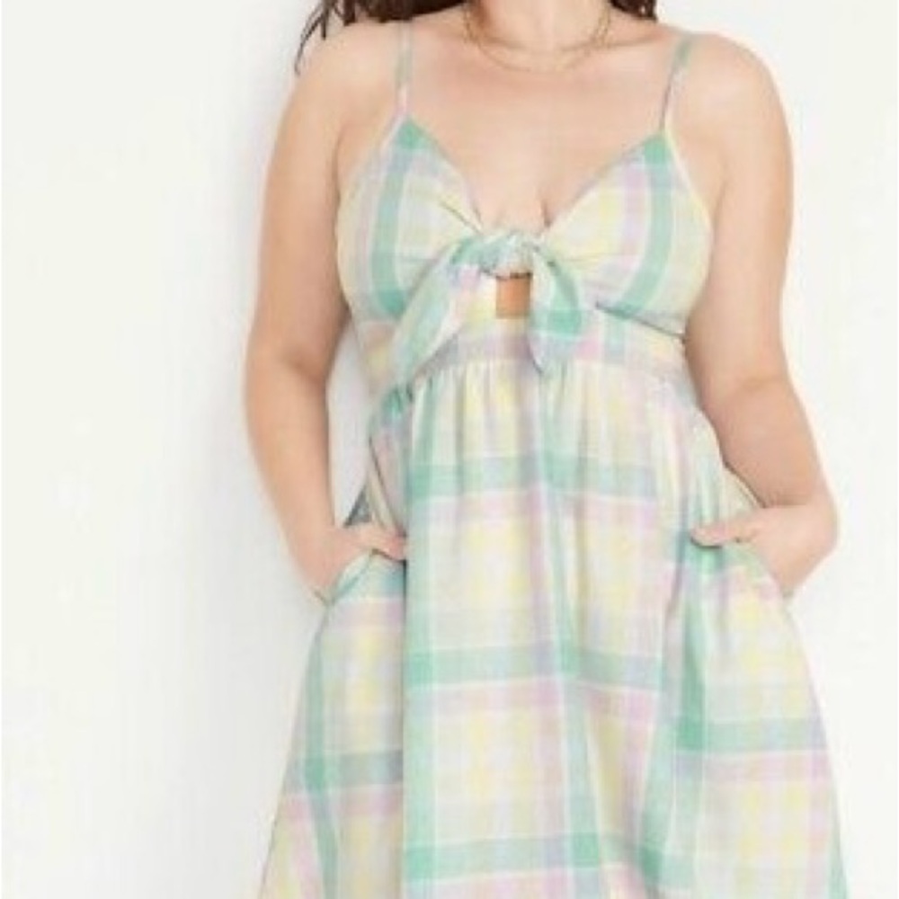 Old Navy NEW Multicolor Linen Blend Spaghetti Tie Front Pocket Dress Size Large